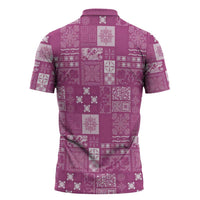 Vintage Hawaiian Quilting Patterns Zipper Polo Shirt Pink Style Tribal Fabric Patchwork - Polynesian Pride