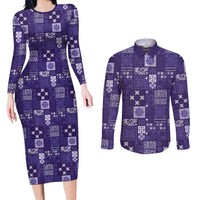 Vintage Hawaiian Quilting Patterns Couples Matching Long Sleeve Bodycon Dress and Long Sleeve Button Shirt Purple Style Tribal Fabric Patchwork - Polynesian Pride