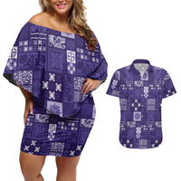 Vintage Hawaiian Quilting Patterns Couples Matching Off Shoulder Short Dress and Hawaiian Shirt Purple Style Tribal Fabric Patchwork LT9 Purple - Polynesian Pride
