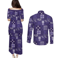 Vintage Hawaiian Quilting Patterns Couples Matching Puletasi and Long Sleeve Button Shirt Purple Style Tribal Fabric Patchwork LT9 - Polynesian Pride