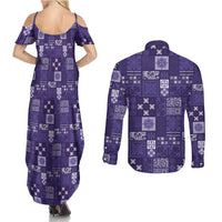 Vintage Hawaiian Quilting Patterns Couples Matching Summer Maxi Dress and Long Sleeve Button Shirt Purple Style Tribal Fabric Patchwork LT9 - Polynesian Pride