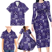 Vintage Hawaiian Quilting Patterns Family Matching Long Sleeve Bodycon Dress and Hawaiian Shirt Purple Style Tribal Fabric Patchwork - Polynesian Pride