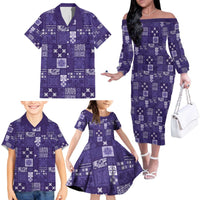 Vintage Hawaiian Quilting Patterns Family Matching Off The Shoulder Long Sleeve Dress and Hawaiian Shirt Purple Style Tribal Fabric Patchwork - Polynesian Pride