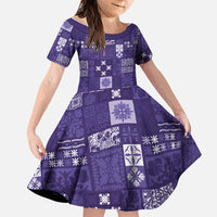 Vintage Hawaiian Quilting Patterns Family Matching Off Shoulder Short Dress and Hawaiian Shirt Purple Style Tribal Fabric Patchwork - Polynesian Pride