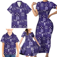 Vintage Hawaiian Quilting Patterns Family Matching Short Sleeve Bodycon Dress and Hawaiian Shirt Purple Style Tribal Fabric Patchwork - Polynesian Pride