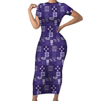 Vintage Hawaiian Quilting Patterns Short Sleeve Bodycon Dress Purple Style Tribal Fabric Patchwork LT9 Long Dress Purple - Polynesian Pride