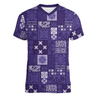 Vintage Hawaiian Quilting Patterns Women V-Neck T-Shirt Purple Style Tribal Fabric Patchwork LT9 Female Purple - Polynesian Pride