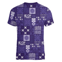Vintage Hawaiian Quilting Patterns Women V-Neck T-Shirt Purple Style Tribal Fabric Patchwork LT9 - Polynesian Pride
