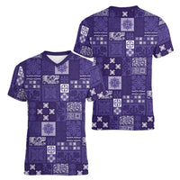 Vintage Hawaiian Quilting Patterns Women V-Neck T-Shirt Purple Style Tribal Fabric Patchwork LT9 - Polynesian Pride