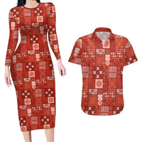 Vintage Hawaiian Quilting Patterns Couples Matching Long Sleeve Bodycon Dress and Hawaiian Shirt Red Style Tribal Fabric Patchwork LT9 Red - Polynesian Pride