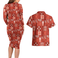 Vintage Hawaiian Quilting Patterns Couples Matching Long Sleeve Bodycon Dress and Hawaiian Shirt Red Style Tribal Fabric Patchwork LT9 - Polynesian Pride