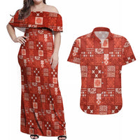 Vintage Hawaiian Quilting Patterns Couples Matching Off Shoulder Maxi Dress and Hawaiian Shirt Red Style Tribal Fabric Patchwork LT9 Red - Polynesian Pride