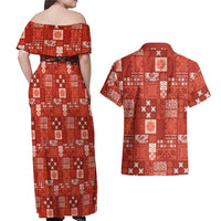Vintage Hawaiian Quilting Patterns Couples Matching Off Shoulder Maxi Dress and Hawaiian Shirt Red Style Tribal Fabric Patchwork LT9 - Polynesian Pride