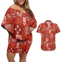 Vintage Hawaiian Quilting Patterns Couples Matching Off Shoulder Short Dress and Hawaiian Shirt Red Style Tribal Fabric Patchwork LT9 Red - Polynesian Pride