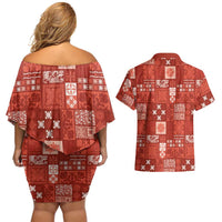 Vintage Hawaiian Quilting Patterns Couples Matching Off Shoulder Short Dress and Hawaiian Shirt Red Style Tribal Fabric Patchwork LT9 - Polynesian Pride