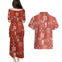 Vintage Hawaiian Quilting Patterns Couples Matching Puletasi and Hawaiian Shirt Red Style Tribal Fabric Patchwork LT9 - Polynesian Pride