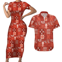 Vintage Hawaiian Quilting Patterns Couples Matching Short Sleeve Bodycon Dress and Hawaiian Shirt Red Style Tribal Fabric Patchwork LT9 Red - Polynesian Pride