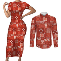Vintage Hawaiian Quilting Patterns Couples Matching Short Sleeve Bodycon Dress and Long Sleeve Button Shirt Red Style Tribal Fabric Patchwork LT9 Red - Polynesian Pride