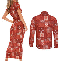Vintage Hawaiian Quilting Patterns Couples Matching Short Sleeve Bodycon Dress and Long Sleeve Button Shirt Red Style Tribal Fabric Patchwork - Polynesian Pride
