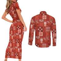 Vintage Hawaiian Quilting Patterns Couples Matching Short Sleeve Bodycon Dress and Long Sleeve Button Shirt Red Style Tribal Fabric Patchwork LT9 - Polynesian Pride