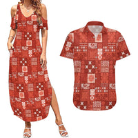 Vintage Hawaiian Quilting Patterns Couples Matching Summer Maxi Dress and Hawaiian Shirt Red Style Tribal Fabric Patchwork LT9 Red - Polynesian Pride