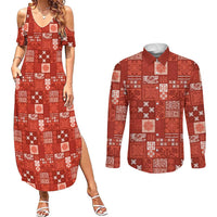 Vintage Hawaiian Quilting Patterns Couples Matching Summer Maxi Dress and Long Sleeve Button Shirt Red Style Tribal Fabric Patchwork LT9 Red - Polynesian Pride