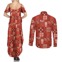 Vintage Hawaiian Quilting Patterns Couples Matching Summer Maxi Dress and Long Sleeve Button Shirt Red Style Tribal Fabric Patchwork LT9 - Polynesian Pride
