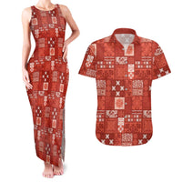 Vintage Hawaiian Quilting Patterns Couples Matching Tank Maxi Dress and Hawaiian Shirt Red Style Tribal Fabric Patchwork LT9 Red - Polynesian Pride
