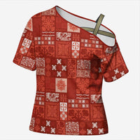Vintage Hawaiian Quilting Patterns Cross Shoulder Shirt Red Style Tribal Fabric Patchwork LT9 Female Red - Polynesian Pride