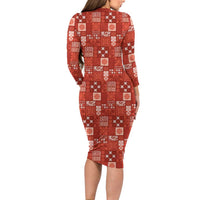 Vintage Hawaiian Quilting Patterns Family Matching Long Sleeve Bodycon Dress and Hawaiian Shirt Red Style Tribal Fabric Patchwork - Polynesian Pride