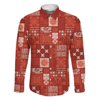Vintage Hawaiian Quilting Patterns Family Matching Off The Shoulder Long Sleeve Dress and Hawaiian Shirt Red Style Tribal Fabric Patchwork - Polynesian Pride