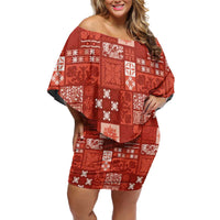 Vintage Hawaiian Quilting Patterns Family Matching Off Shoulder Short Dress and Hawaiian Shirt Red Style Tribal Fabric Patchwork - Polynesian Pride