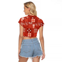 Vintage Hawaiian Quilting Patterns Raglan Cropped T Shirt Red Style Tribal Fabric Patchwork LT9 - Polynesian Pride