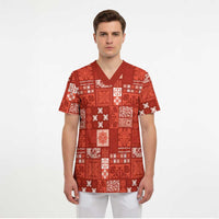 Vintage Hawaiian Quilting Patterns Scrub Top Red Style Tribal Fabric Patchwork - Polynesian Pride