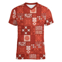 Vintage Hawaiian Quilting Patterns Women V-Neck T-Shirt Red Style Tribal Fabric Patchwork LT9 Female Red - Polynesian Pride