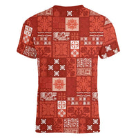Vintage Hawaiian Quilting Patterns Women V-Neck T-Shirt Red Style Tribal Fabric Patchwork LT9 - Polynesian Pride