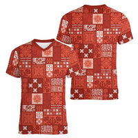 Vintage Hawaiian Quilting Patterns Women V-Neck T-Shirt Red Style Tribal Fabric Patchwork LT9 - Polynesian Pride
