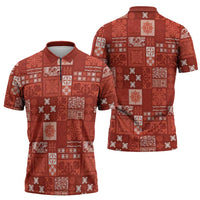 Vintage Hawaiian Quilting Patterns Zipper Polo Shirt Red Style Tribal Fabric Patchwork LT9 - Polynesian Pride