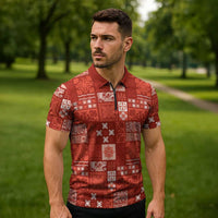 Vintage Hawaiian Quilting Patterns Zipper Polo Shirt Red Style Tribal Fabric Patchwork LT9 - Polynesian Pride