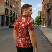 Vintage Hawaiian Quilting Patterns Zipper Polo Shirt Red Style Tribal Fabric Patchwork LT9 - Polynesian Pride