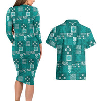 Vintage Hawaiian Quilting Patterns Couples Matching Long Sleeve Bodycon Dress and Hawaiian Shirt Turquoise Style Tribal Fabric Patchwork - Polynesian Pride
