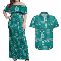 Vintage Hawaiian Quilting Patterns Couples Matching Off Shoulder Maxi Dress and Hawaiian Shirt Turquoise Style Tribal Fabric Patchwork LT9 Turquoise - Polynesian Pride