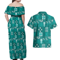 Vintage Hawaiian Quilting Patterns Couples Matching Off Shoulder Maxi Dress and Hawaiian Shirt Turquoise Style Tribal Fabric Patchwork LT9 - Polynesian Pride
