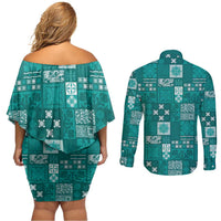 Vintage Hawaiian Quilting Patterns Couples Matching Off Shoulder Short Dress and Long Sleeve Button Shirt Turquoise Style Tribal Fabric Patchwork - Polynesian Pride