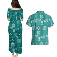 Vintage Hawaiian Quilting Patterns Couples Matching Puletasi and Hawaiian Shirt Turquoise Style Tribal Fabric Patchwork LT9 - Polynesian Pride