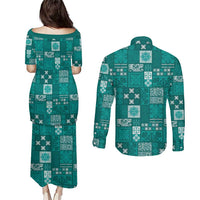 Vintage Hawaiian Quilting Patterns Couples Matching Puletasi and Long Sleeve Button Shirt Turquoise Style Tribal Fabric Patchwork LT9 - Polynesian Pride