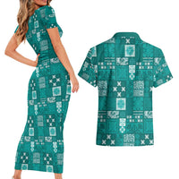 Vintage Hawaiian Quilting Patterns Couples Matching Short Sleeve Bodycon Dress and Hawaiian Shirt Turquoise Style Tribal Fabric Patchwork - Polynesian Pride