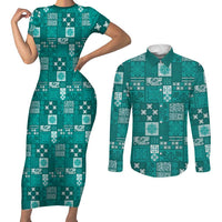 Vintage Hawaiian Quilting Patterns Couples Matching Short Sleeve Bodycon Dress and Long Sleeve Button Shirt Turquoise Style Tribal Fabric Patchwork LT9 Turquoise - Polynesian Pride