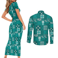 Vintage Hawaiian Quilting Patterns Couples Matching Short Sleeve Bodycon Dress and Long Sleeve Button Shirt Turquoise Style Tribal Fabric Patchwork LT9 - Polynesian Pride
