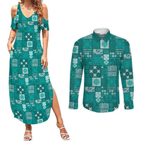 Vintage Hawaiian Quilting Patterns Couples Matching Summer Maxi Dress and Long Sleeve Button Shirt Turquoise Style Tribal Fabric Patchwork LT9 Turquoise - Polynesian Pride